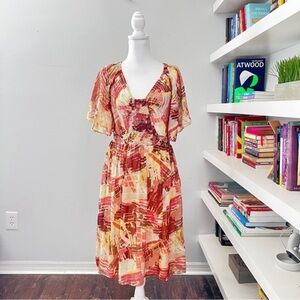 Sundance Silk Dress Women's Smocked Chest Lined Flutter Sleeves dress Sz 14